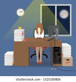 Night. Tired and sad woman 
sitting at the desk in the office, she covers her face with her hands. 
She has a lot of work. 
Character on a dark blue background.
