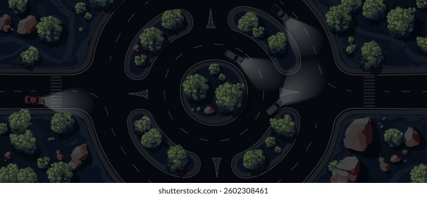 Night. Top view of a roundabout road. Ring intersection. View from above. Country highway. Road markings. Cars, trees, rocks set. Wild nature landscape. Cartoon design. Vector illustration.