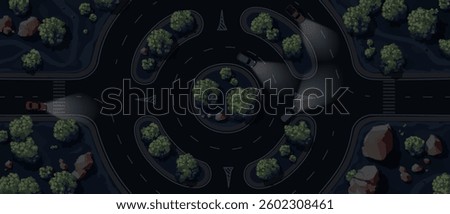Night. Top view of a roundabout road. Ring intersection. View from above. Country highway. Road markings. Cars, trees, rocks set. Wild nature landscape. Cartoon design. Vector illustration.