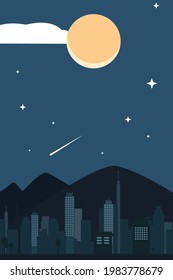 Night town city vector illustration. Dark urban scape. Full moon night. Night cityscape in flat style.