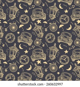 Night Town Hand-drawing Background. Seamless Pattern on Dark