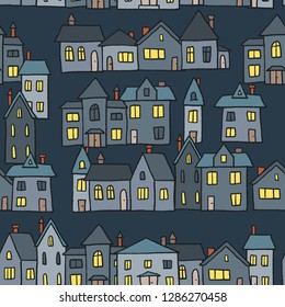 Night town homes vector illustration - seamless pattern.