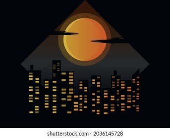 Ciudad nocturna, luna naranja, gradiente