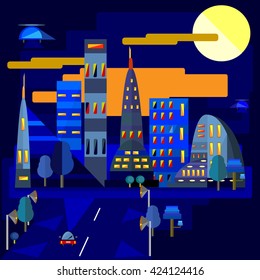 night town and a road, flat design