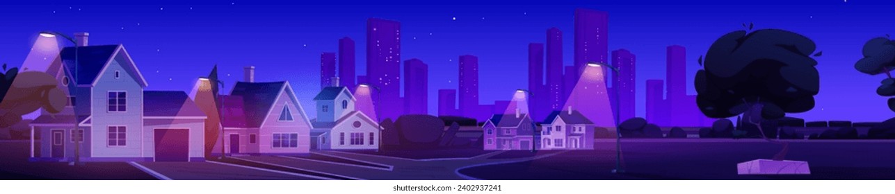 Calle de la ciudad nocturna contra el fondo de la gran ciudad. Dibujo de dibujos animados de casas suburbanas a lo largo de un callejón rural iluminado con luces de lámpara, rascacielos oscuros, arquitectura moderna, barrio acogedor