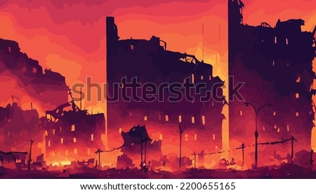 night town under bombing, war, destroyed buildings