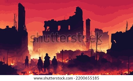 night town under bombing, war, destroyed buildings