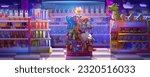 Night toy store interior with spotlight cartoon background. Magic vector carousel shelf showcase with kid gift collection. Business kids supermarket inside illustration with mysterious light on floor