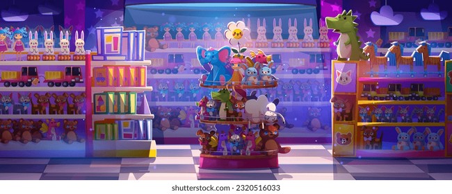 Night toy store interior with spotlight cartoon background. Magic vector carousel shelf showcase with kid gift collection. Business kids supermarket inside illustration with mysterious light on floor