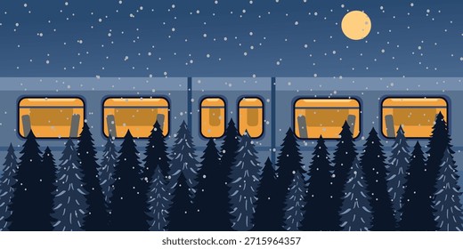 Viaje nocturno en tren bajo la luz de la luna. Paseo en tren a medianoche. Viaje de invierno en tren