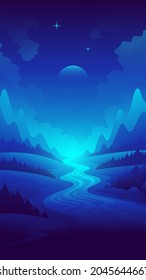 Un paisaje tranquilo y nocturno. Campos con río en el majestuoso fondo de las montañas.