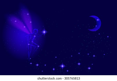 Night transparent fairy with moon and shiny star sparcle, night dream, vector