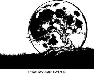 Night tree with full moon — black and white.