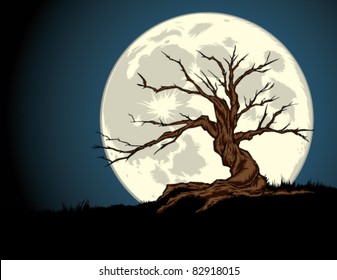 Night tree with full moon — color.