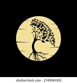 Night Tree With Full Moon Vector Logo