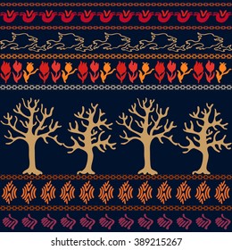 Night trees. Bohemian seamless pattern. Ethnic and gypsy motifs. Magic trees, hand drawn tulips, poppies, doodle prints, geometric borders. Folk art boho textile collection. Dark blue, red, golden.