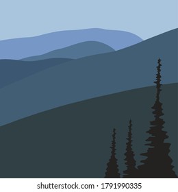 Noche con árboles y montañas - hermosa tapiz vectorial, ilustración de fondo con un paisaje de azul oscuro. Vistas al cielo con montañas y árboles y vida silvestre