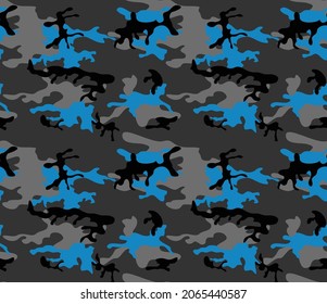 
Night trendy camouflage background, black pattern with blue spots, trendy stylish texture.