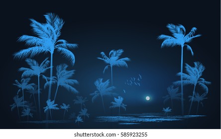 Night Tropical background with palm trees in moonlight