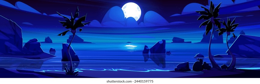 Night tropical beach landscape. Vector cartoon illustration of ocean waves washing dark sandy beach with palm trees and flowers, full moon glowing in starry sky, rocky stones in water, exotic scenery