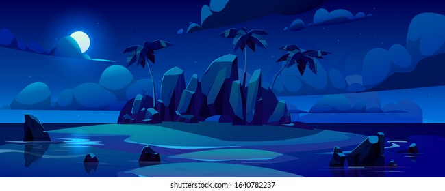 Night tropical island in ocean with palm trees, rocks and moon in sky. Vector cartoon illustration of summer sea landscape with paradise shore and sand beach in moonlight. Exotic travel and vacation