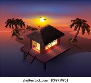 Night tropical island. Palm trees and shack on beach. Vector cartoon illustration