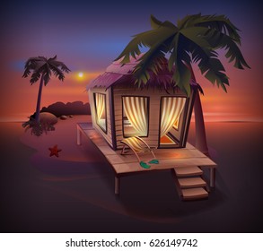Night tropical island. Straw hut among palm trees on ocean shore. Vector cartoon illustration