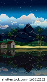 Night tropical landscape with mountains and village on a cloudy sky.