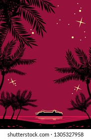 Night tropical landscape with palms silhouettes and cruise ship on a horizon. Retro style drawing.