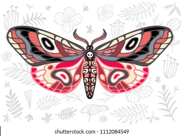 Night tropical moths hawkmoth floral background  butterfly vector insect  vintage style  wings  flowers  skull  leaves  Hand drawn vector illustration 
