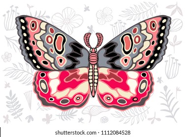 Night tropical moths on floral background, butterfly vector insect, vintage style, wings, flowers, leaves. Hand drawn vector illustration.