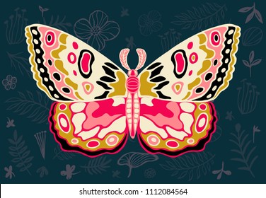 Night tropical moths on floral background, butterfly vector insect, vintage style, wings, flowers, leaves. Hand drawn vector illustration.