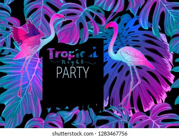 Night tropical party ivitation. Exotic plants and palm leaves  with flamingo in neon, fluorescent colors. Vector illustration.
