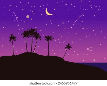 Night Tropical seashore landscape, palms, moonlight. Summer exotic scene view, silhouette, falling star