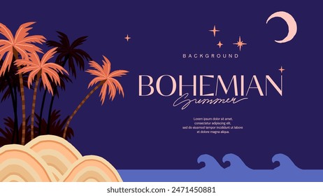 Night Tropical summer background with palms, waves and beach. Summer placard poster flyer invitation card. Bohemian summer