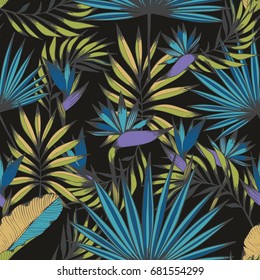 Night tropics. Vector seamless handmade pattern for design and decoration of textiles, clothing, covers, wallpaper, packaging and wrapping paper and other surfaces