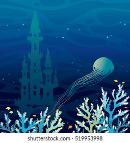 Night underwater seascape - beautiful coral reef, silhouette of jellyfish and castle on a sea background. Vector illustration.