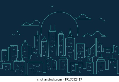 Night Urban City Building Cityscape Landscape Line Illustration