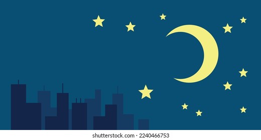 Night urban landscape. Moon and stars in sky above city