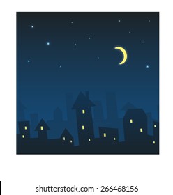 Night urban landscape. Roofs of houses under  stars and moon. Mysterious city in the dark.