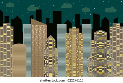 Night urban landscape. Street view with cityscape, skyscrapers and modern buildings at sunny day. City space in flat style background concept.
