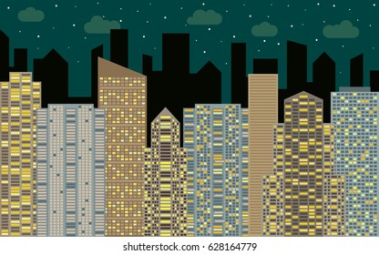 Night urban landscape. Street view with cityscape, skyscrapers and modern buildings at sunny day. City space in flat style background concept.
