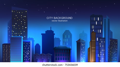 night urban metropolis with high buildings. vector cityscape background