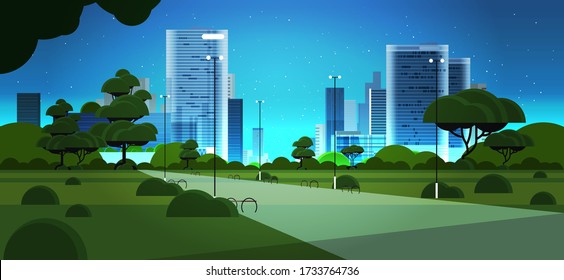 parque urbano nocturno ciudad horizonte edificios de skyskrapraper y cielo azul oscuro con estrellas fondo urbano ilustración horizontal vector