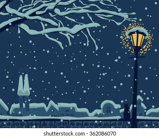 Night urban winter landscape with flashlight and cat