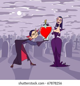 At night of Valentine's Day vampire presents a heart shaped bottle of blood to his girlfriend
