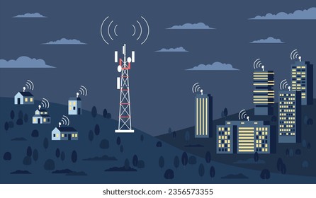 Night valley landscape with wireless network tower. 5g in village, telecommunication radar or radio equipment. Modern digital life recent vector background