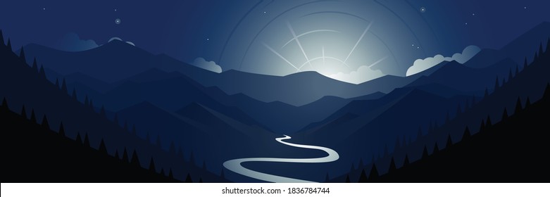 Night Valley Mountains and Moon Scene Panoramic Banner