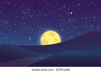 Night vector background. Landscape hills, river, moon and shining stars on blue sky.  EPS 10