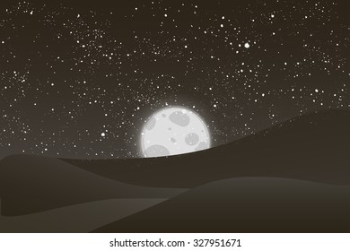 Night vector background. Landscape hills, river, moon and shining stars on  black and white sky.  EPS 10